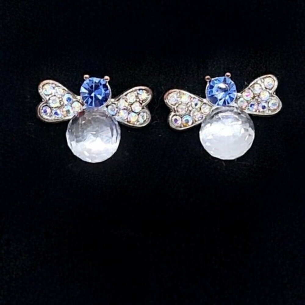 Blue Rhinestone Bee Stud Earrings Silver Tone Y2K Sparkle Insect Jewelry
